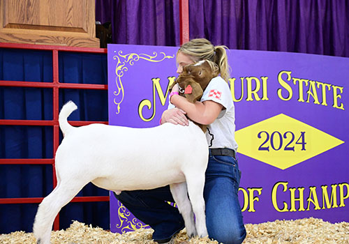 Exhibitor hugging her goat in the Sale of Champions