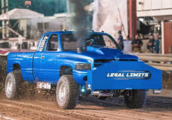 A blue truck in the Pro Pulling League